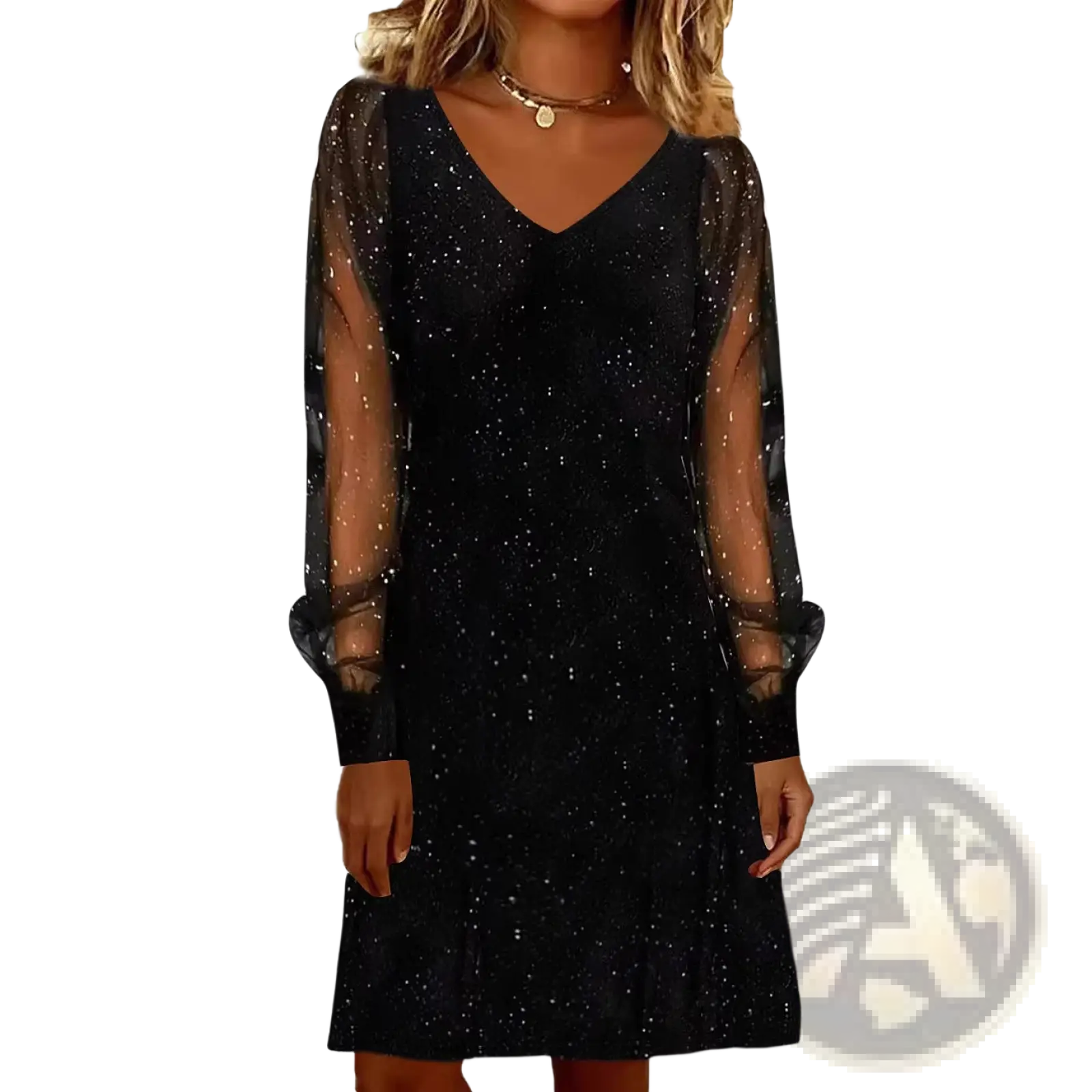 Elegant black v neck mini party dress with sheer mesh long sleeves and shimmering sparkly fabric