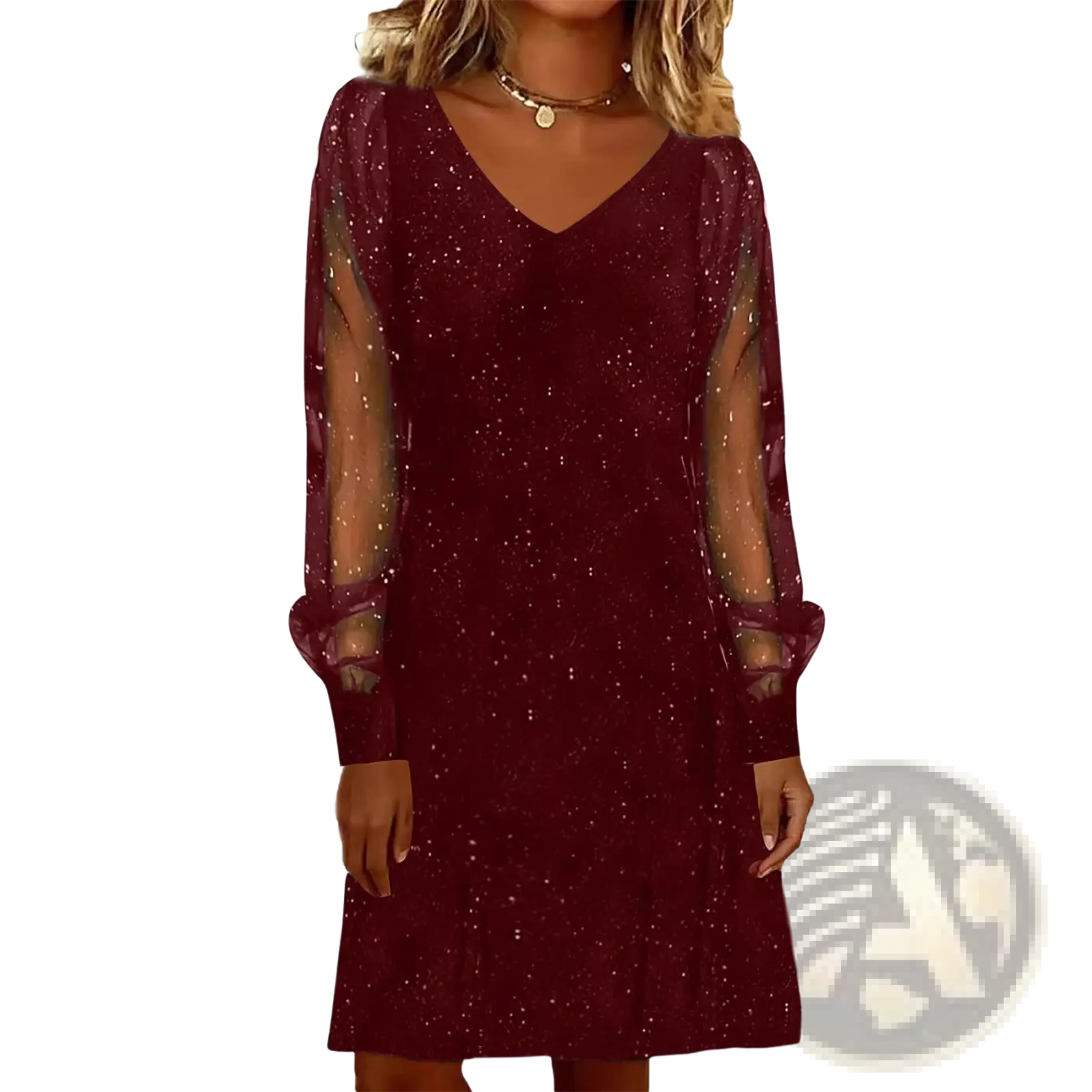 Elegant v neck shimmering mini party dress in burgundy with long sheer mesh sleeves and a flattering silhouette