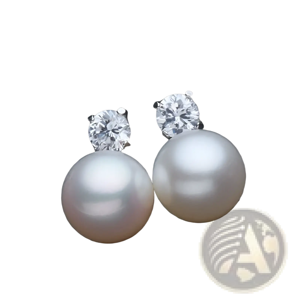Elegant white pearl and cubic zirconia silver stud earrings featuring round white pearls and clear faceted diamond accents