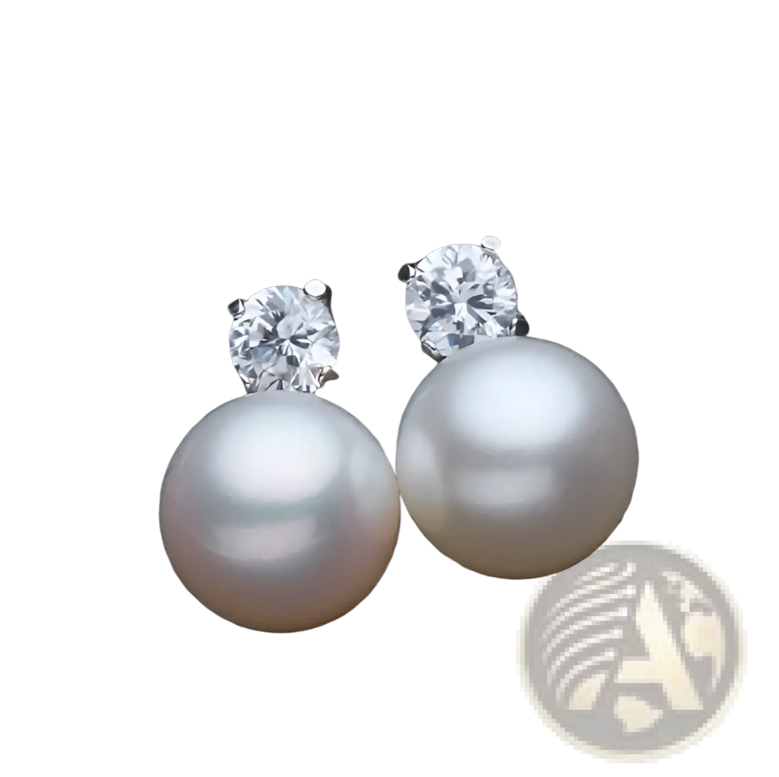 Elegant white pearl and cubic zirconia silver stud earrings featuring round white pearls and clear faceted diamond accents