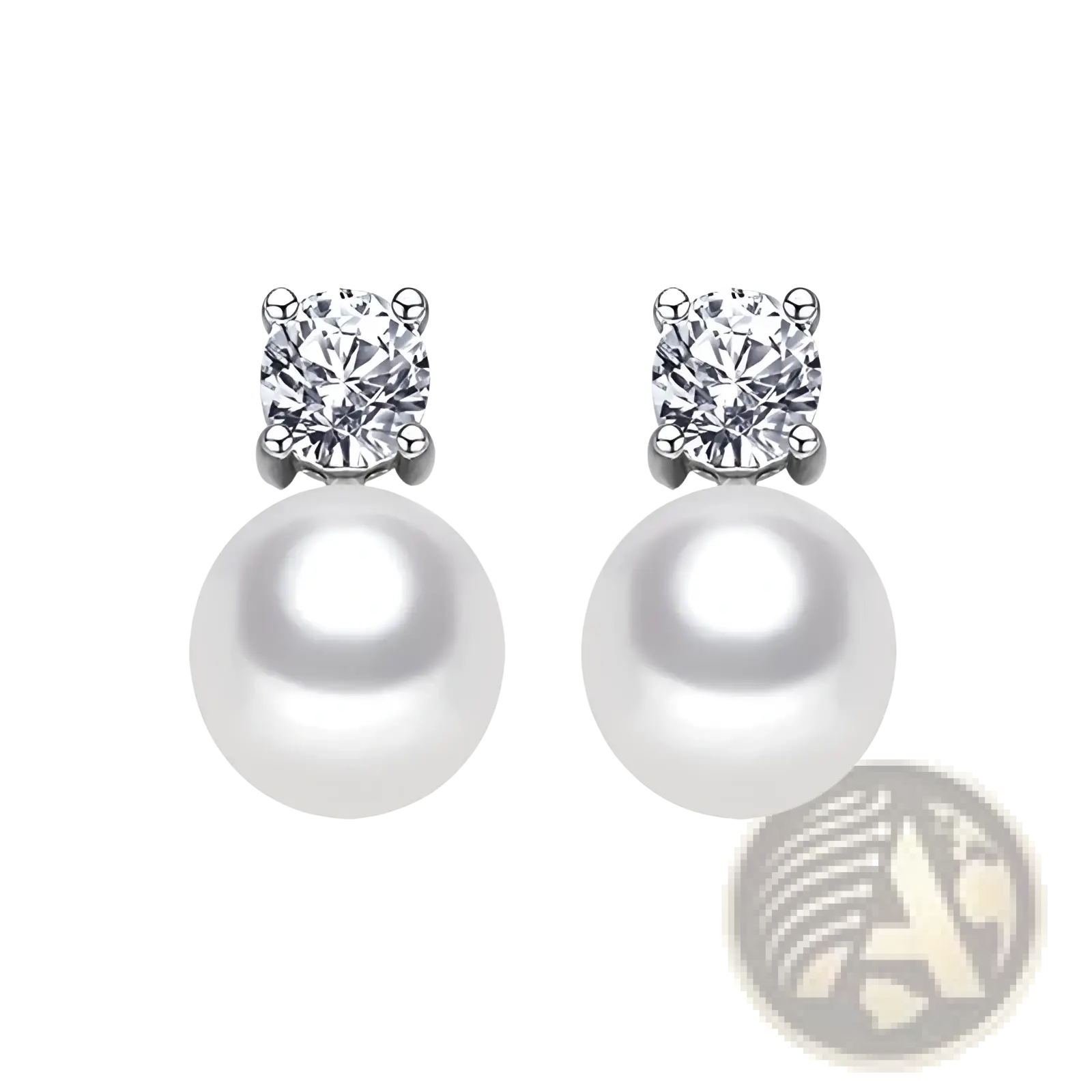 Elegant white pearl and cubic zirconia silver stud earrings with sparkling gemstones in a sleek metal frame