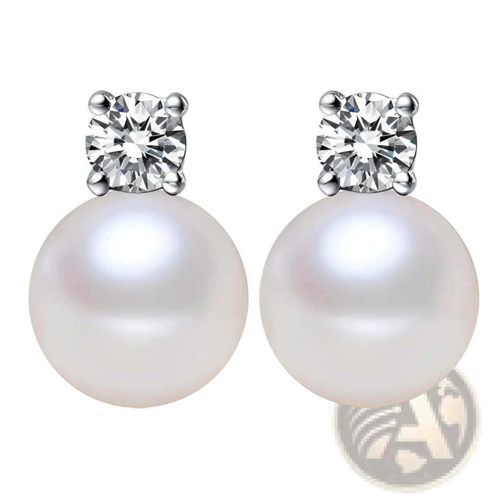Elegant white pearl and cubic zirconia silver stud earrings featuring round lustrous pearls and clear stones
