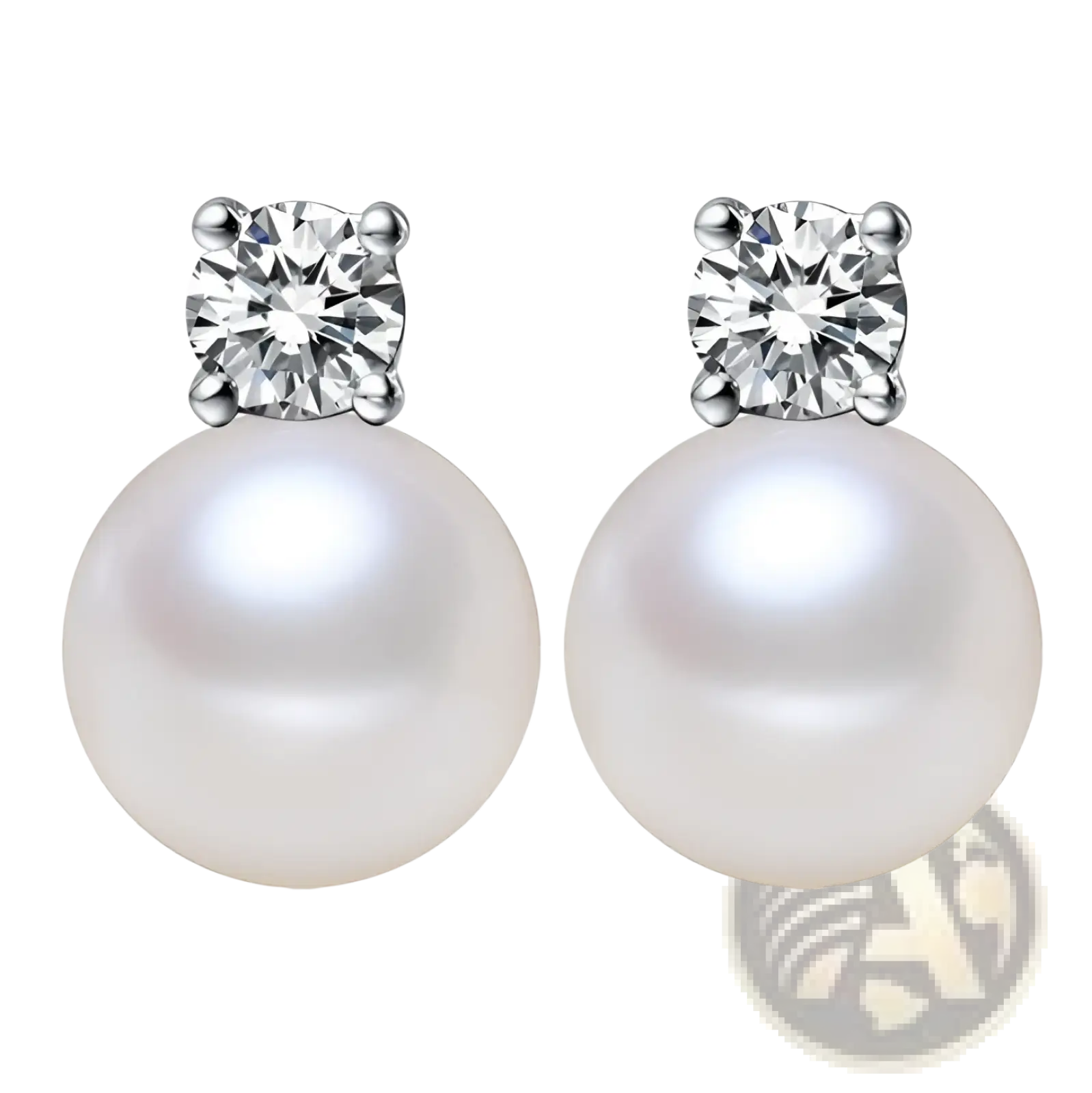 Elegant white pearl and cubic zirconia silver stud earrings featuring round lustrous pearls and clear stones