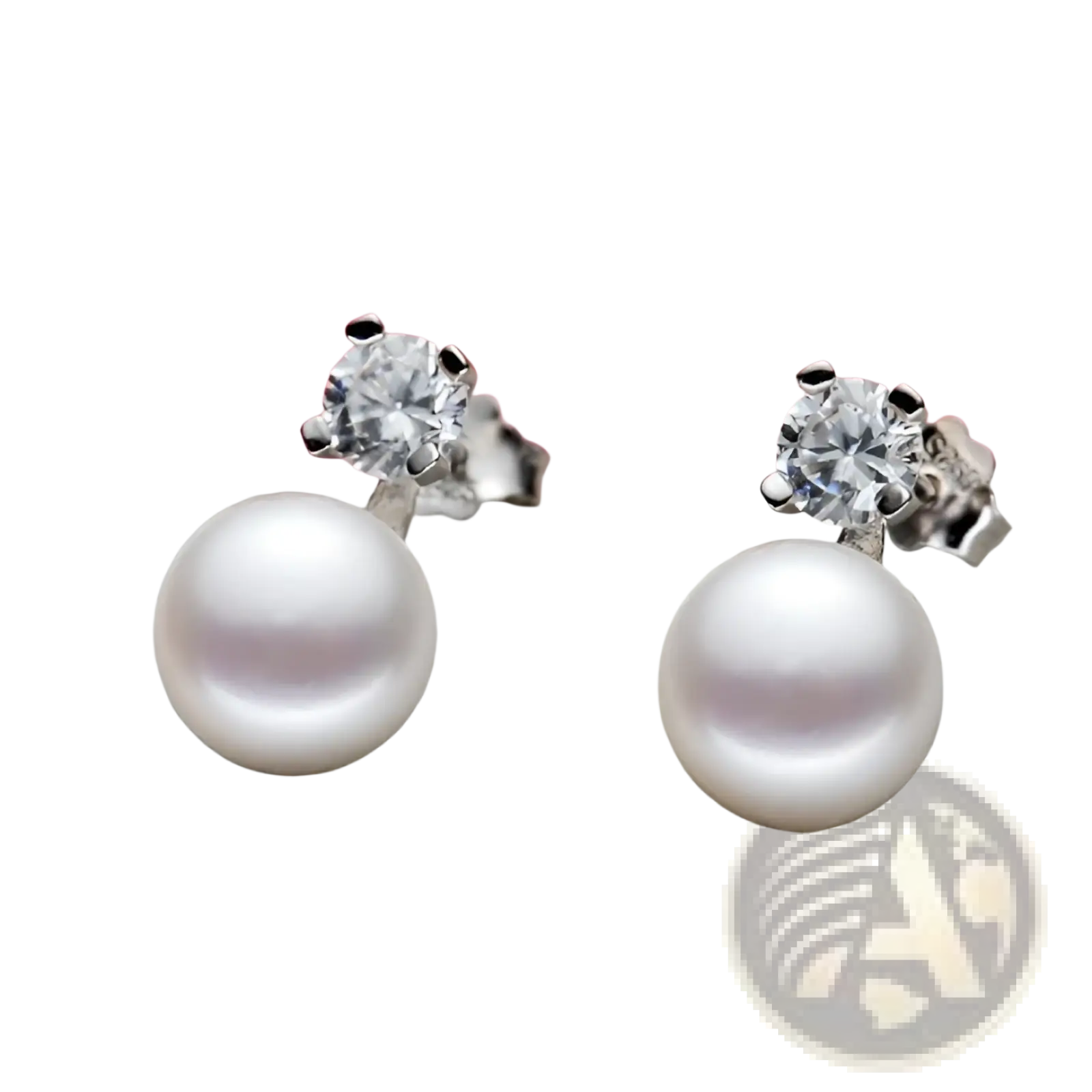A pair of elegant white pearl and cubic zirconia silver stud earrings featuring round stones in sleek settings