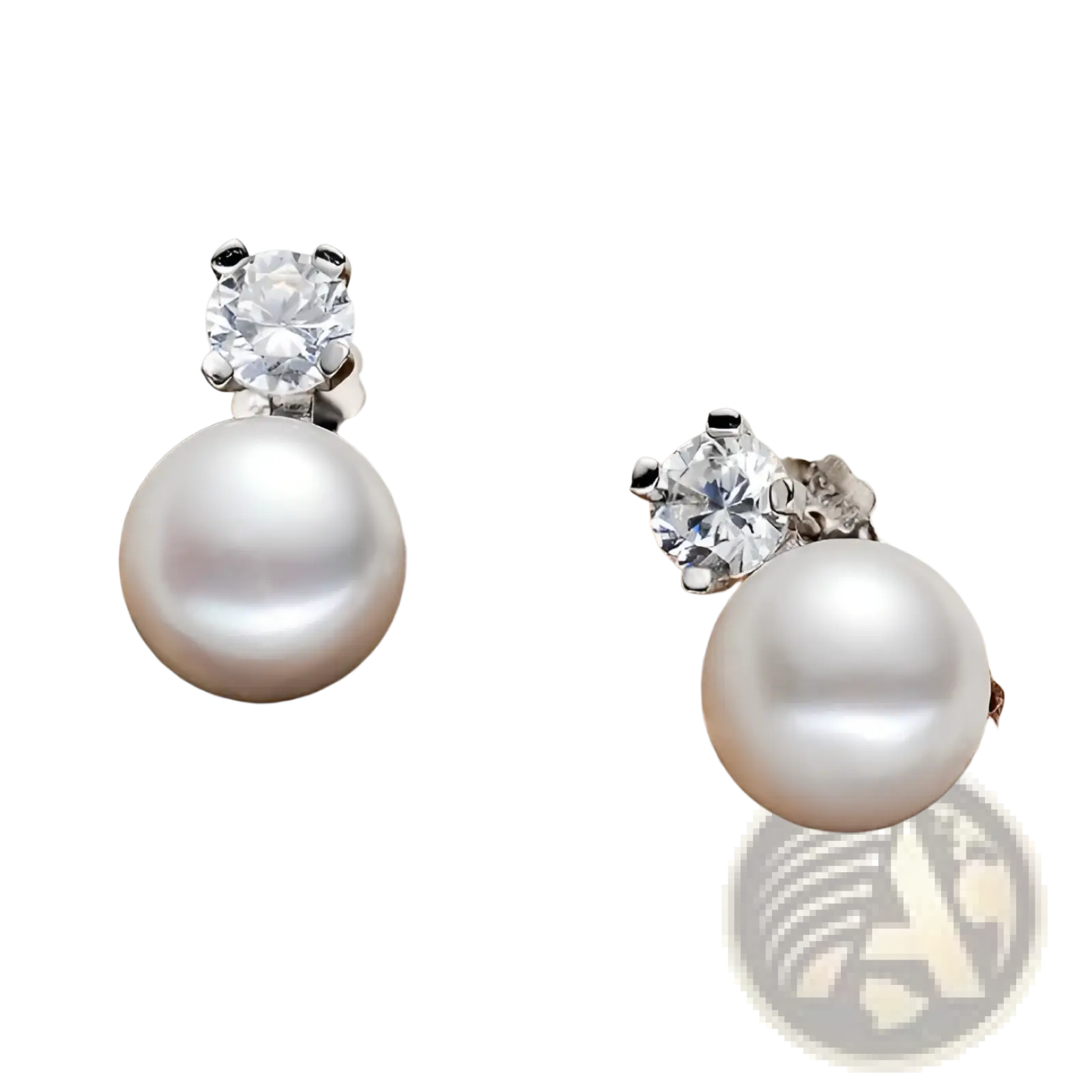 Elegant white pearl and cubic zirconia silver stud earrings with pearl and diamond accents in silver-toned metal setting