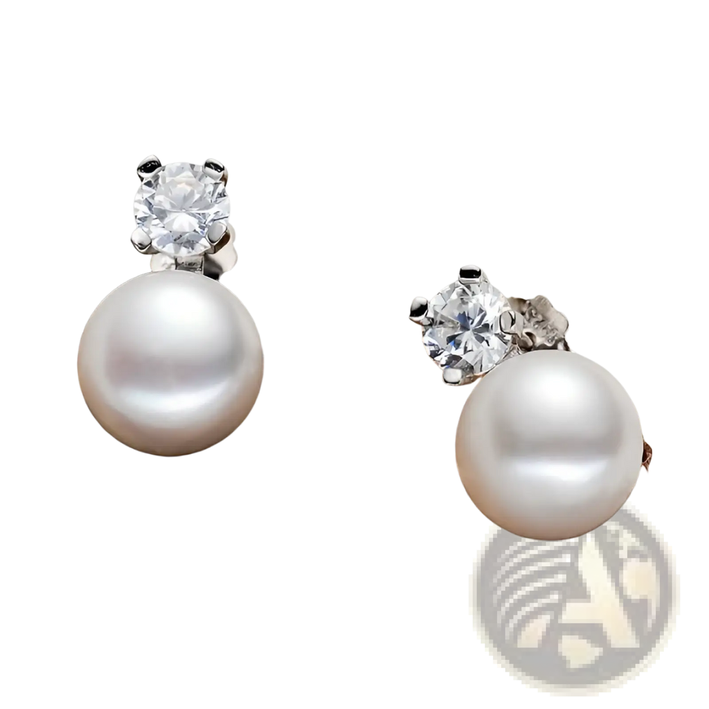 Elegant white pearl and cubic zirconia silver stud earrings with pearl and diamond accents in silver-toned metal setting
