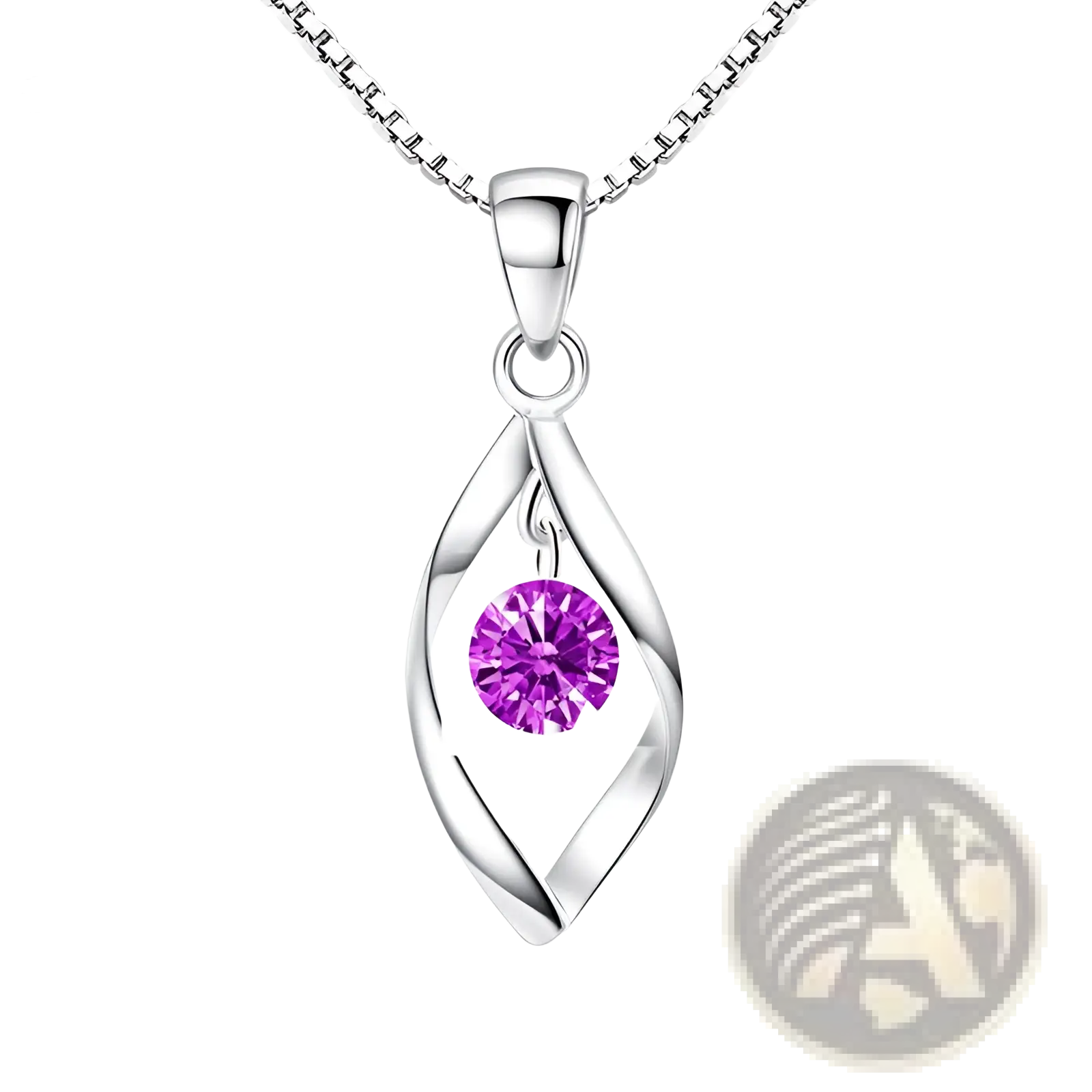 Elegant zircon twist silver teardrop pendant necklace with a vibrant purple gemstone at its center