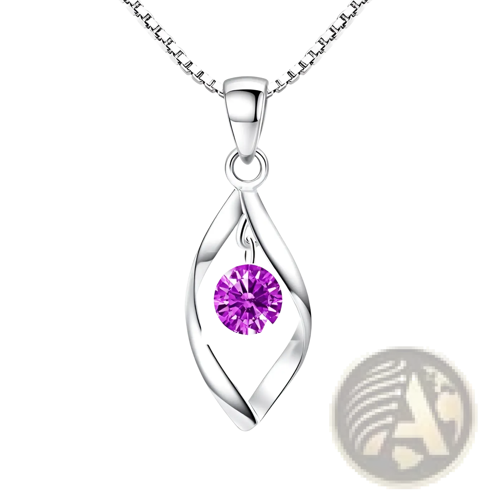Elegant zircon twist teardrop silver pendant necklace featuring a vibrant purple gemstone in a twisted teardrop design