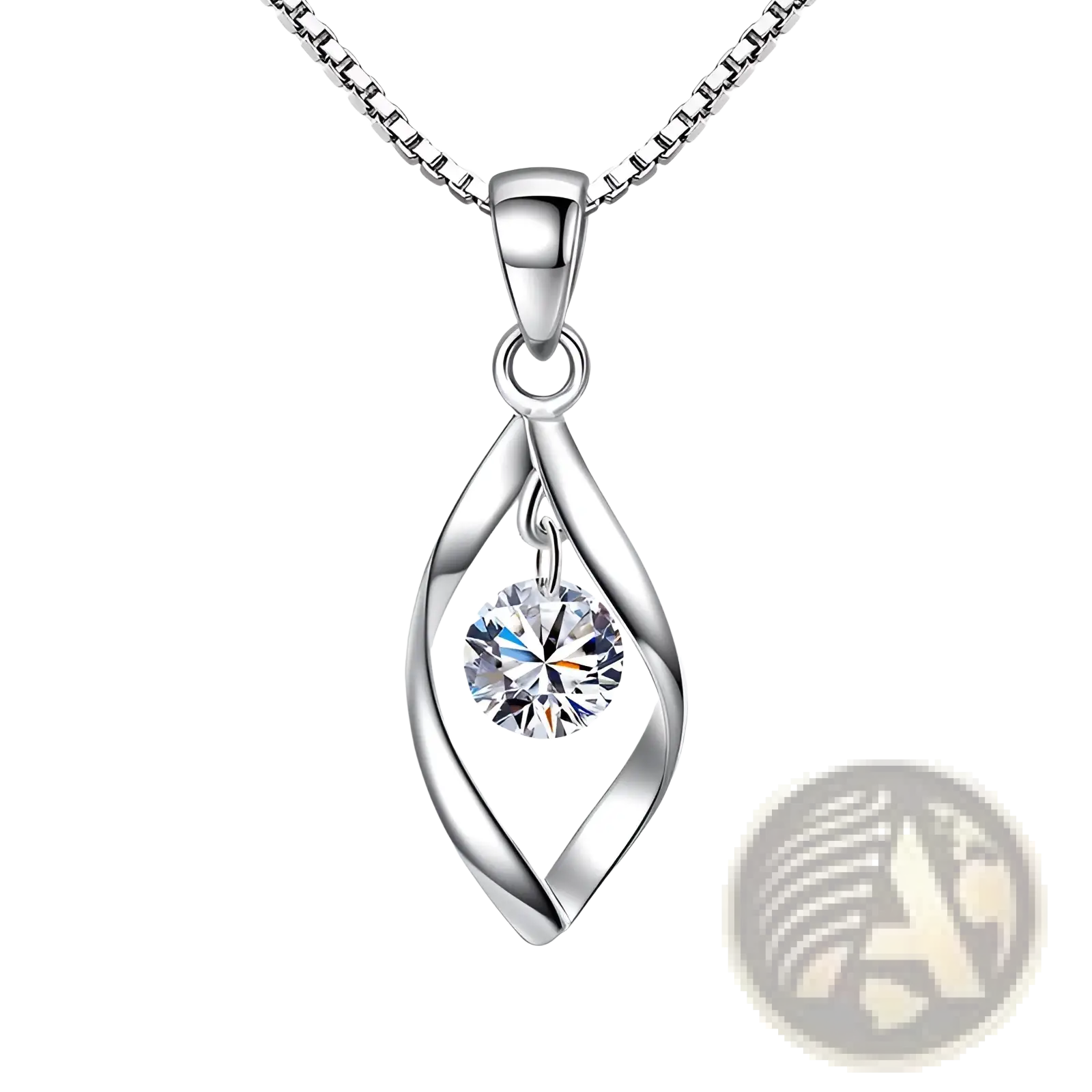 Elegant zircon twist teardrop pendant necklace with silver twisted metal and central round-cut clear gemstone