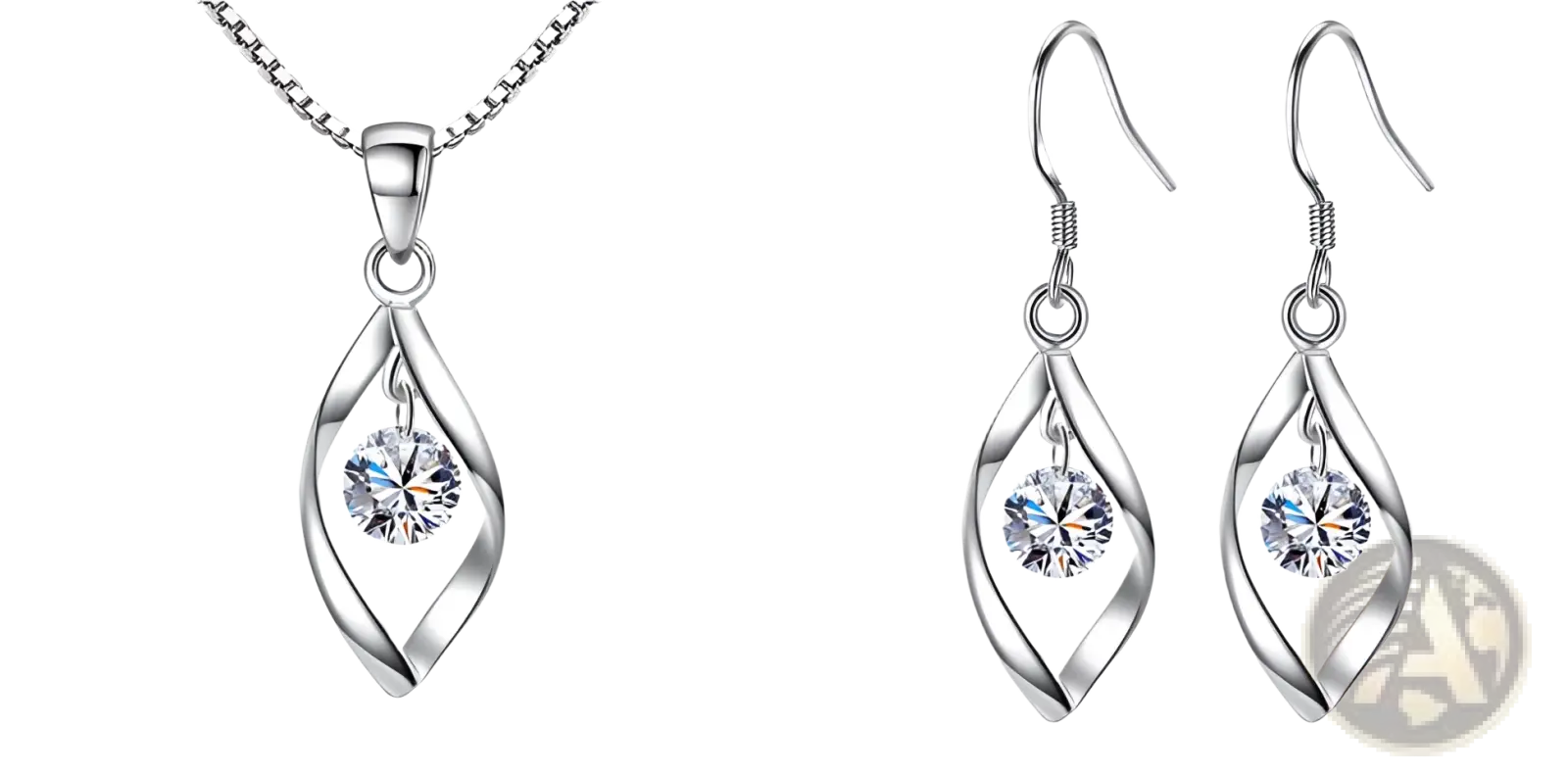 Elegant zircon twist teardrop pendant necklace and matching silver earrings with clear crystal and twisted metal design