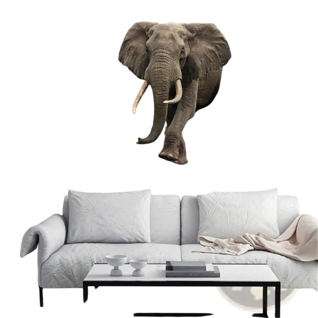 A realistic gray elephant with white tusks bursting through a cracked wall in 3d canvas wall art decor