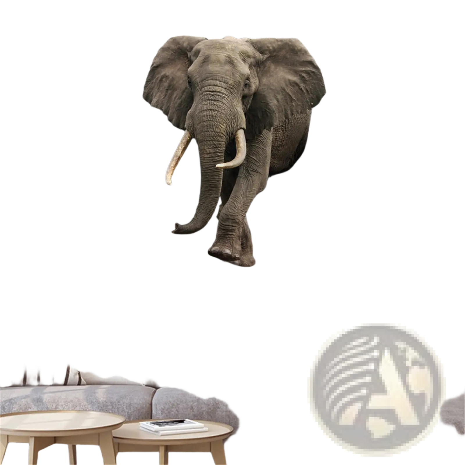 A realistic gray elephant with white tusks bursts through a cracked wall in a 3d effect canvas wall art