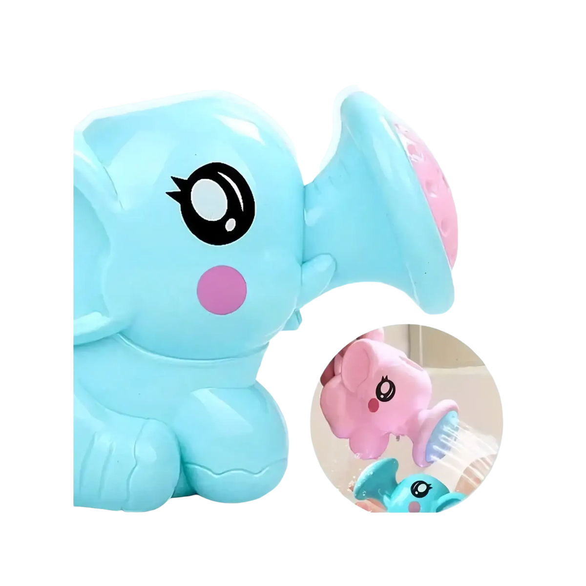 Light blue plastic elephant baby bath shower toy with pink accents and a water spray nozzle for water play