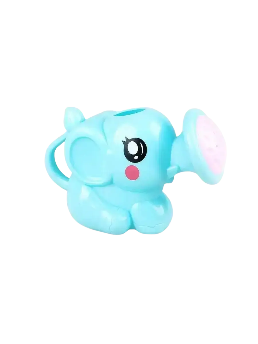 Light blue plastic elephant baby bath shower toy with pink inner ear and red dot nose for baby bath use