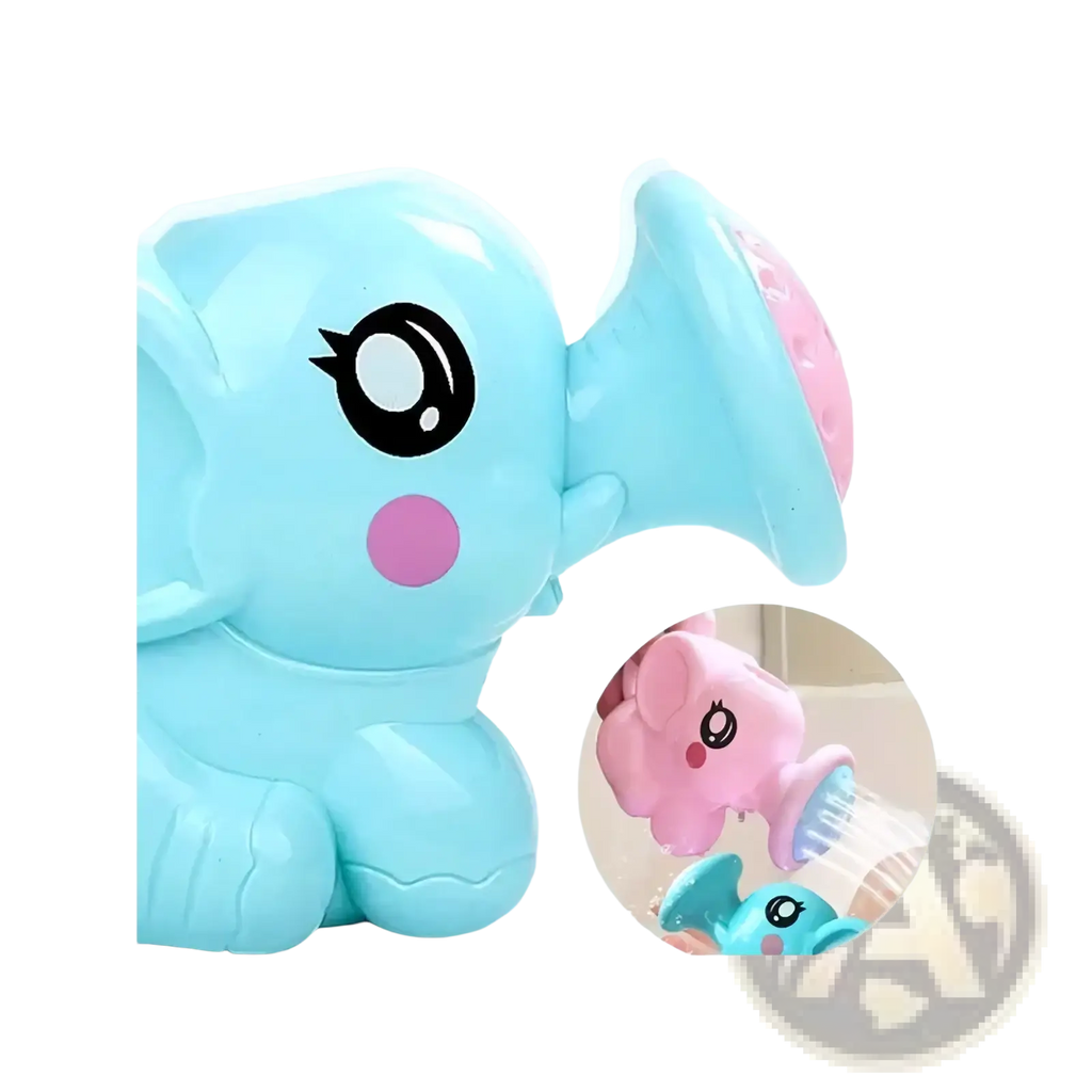 Light blue plastic elephant baby bath shower toy with pink accents and a water spray nozzle for water play