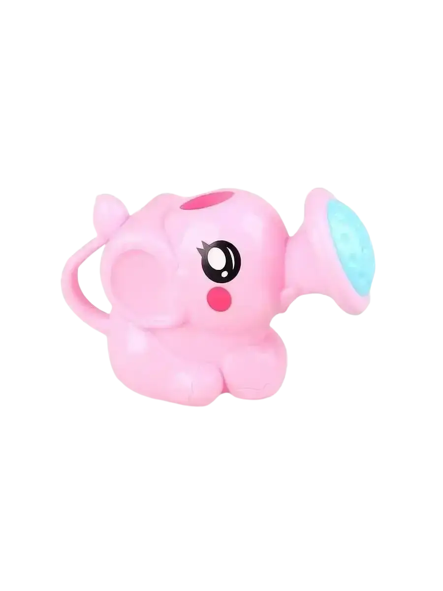 Pink plastic elephant baby bath shower toy water sprayer with light blue translucent ear and black and white eyes