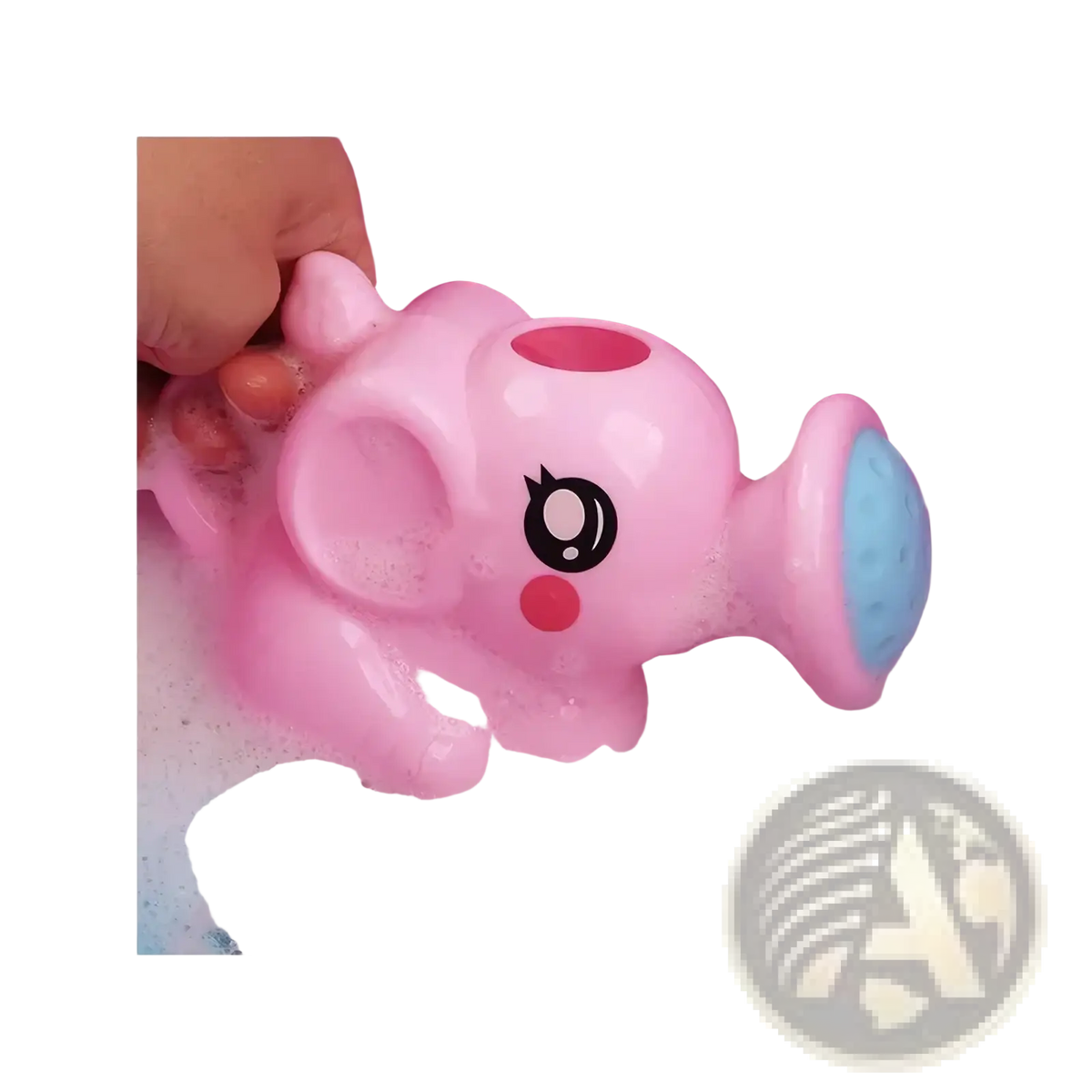Elephant baby bath shower toy water sprayer in pink plastic with blue textured nozzle and black and white cartoon eyes