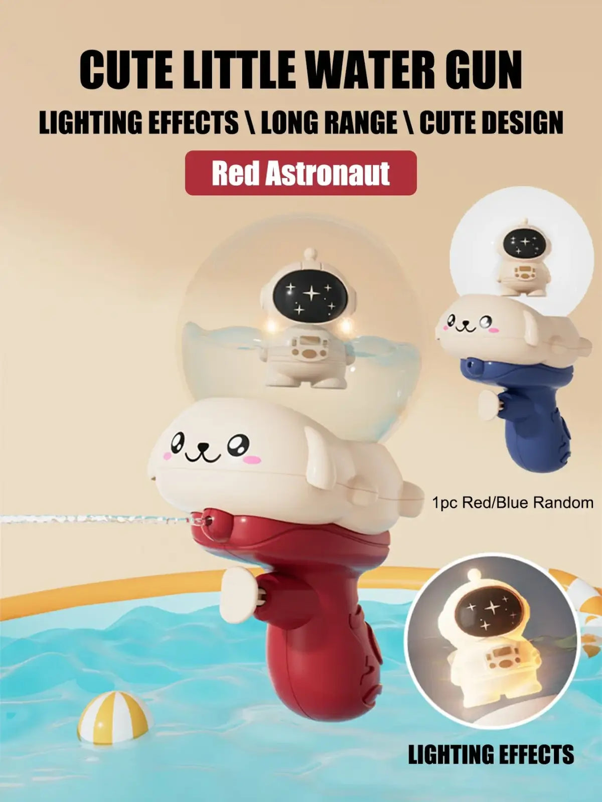 Elephant baby bath toy water sprayer in red and white with astronaut design, illuminated effects, and transparent dome
