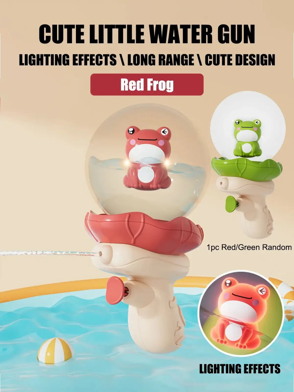 Elephant baby bath toy water sprayer shaped like a red frog water gun with translucent dome and glowing lights