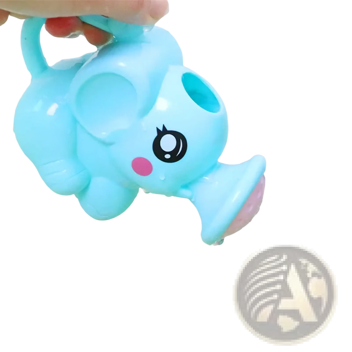 Light blue plastic elephant-shaped baby bath toy water sprayer with black and pink facial features