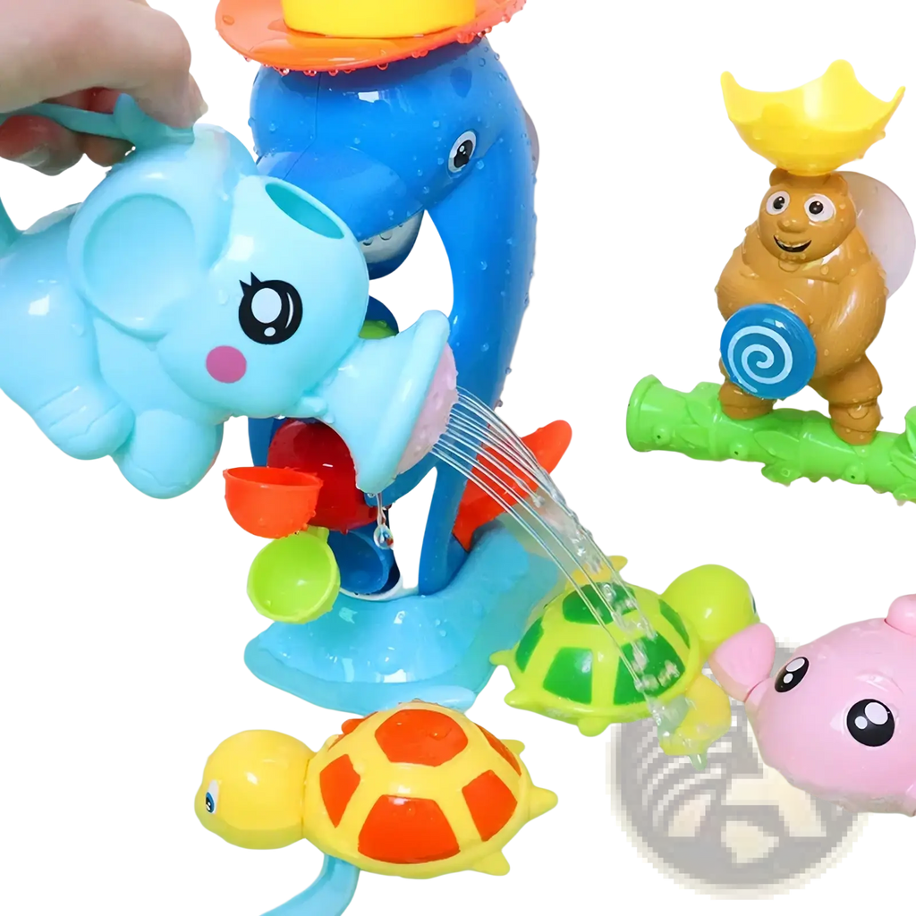 Blue plastic elephant baby bath toy water sprayer with yellow hat and pink cheeks spraying water into bath tub