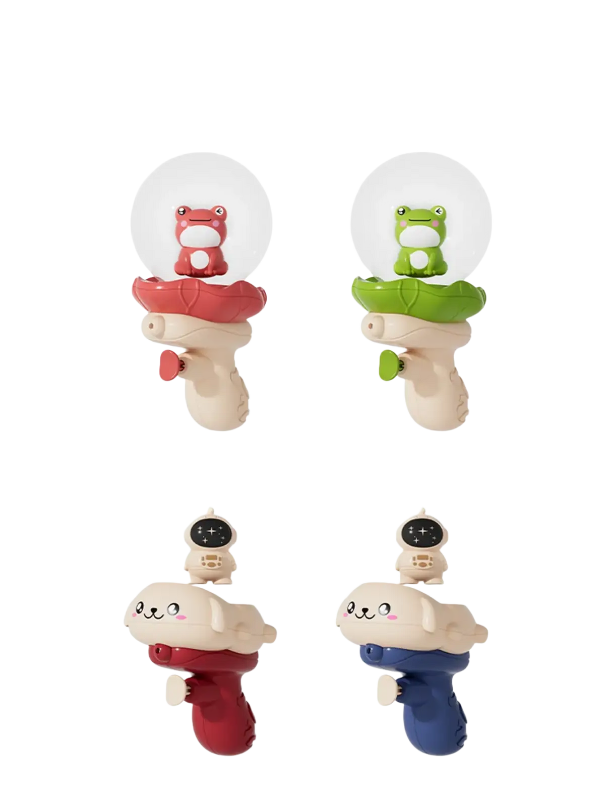 Colorful plastic elephant baby bath toy water sprayers featuring red and green frogs and a white dog design
