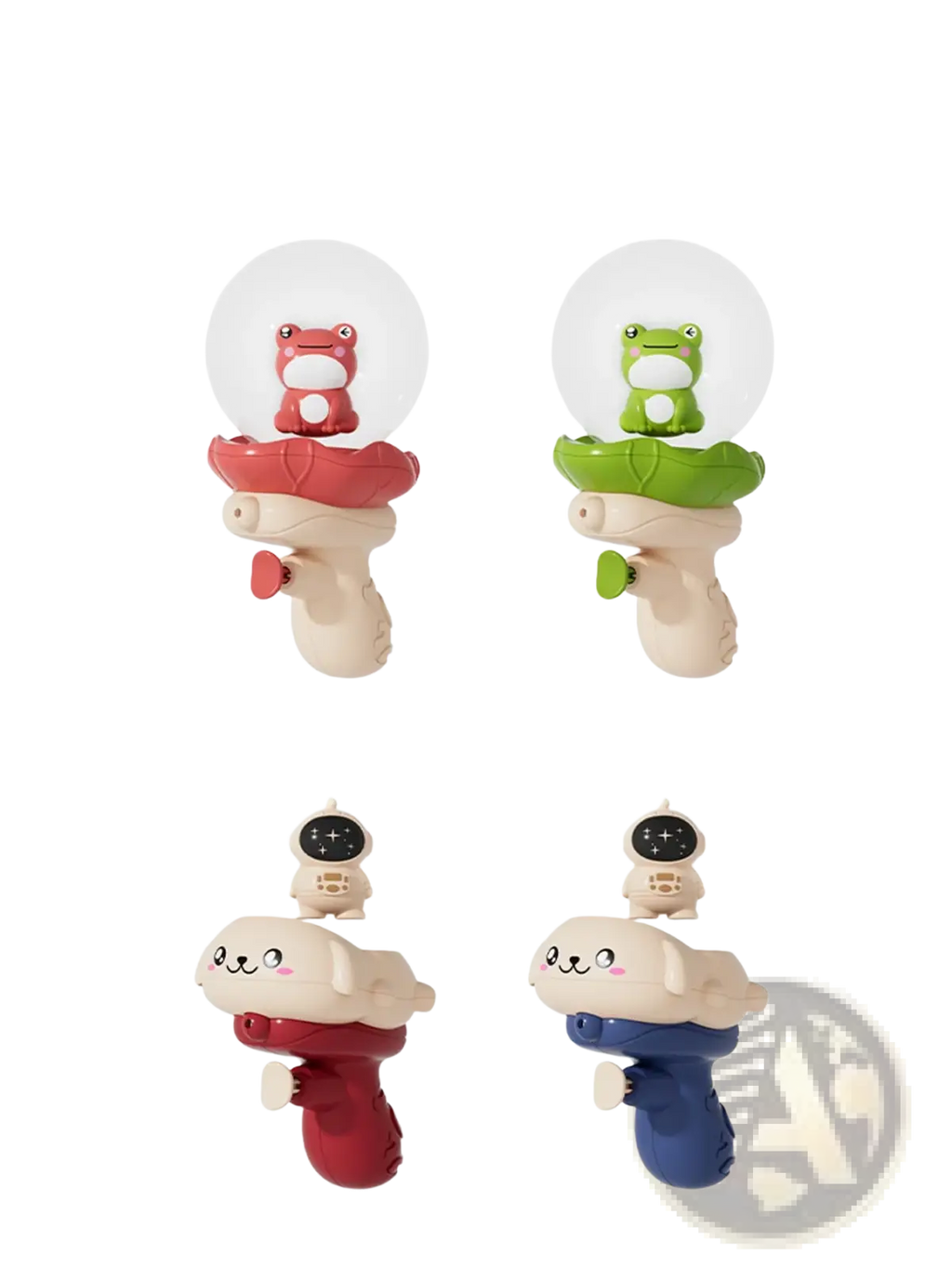 Colorful plastic elephant baby bath toy water sprayers featuring red and green frogs and a white dog design