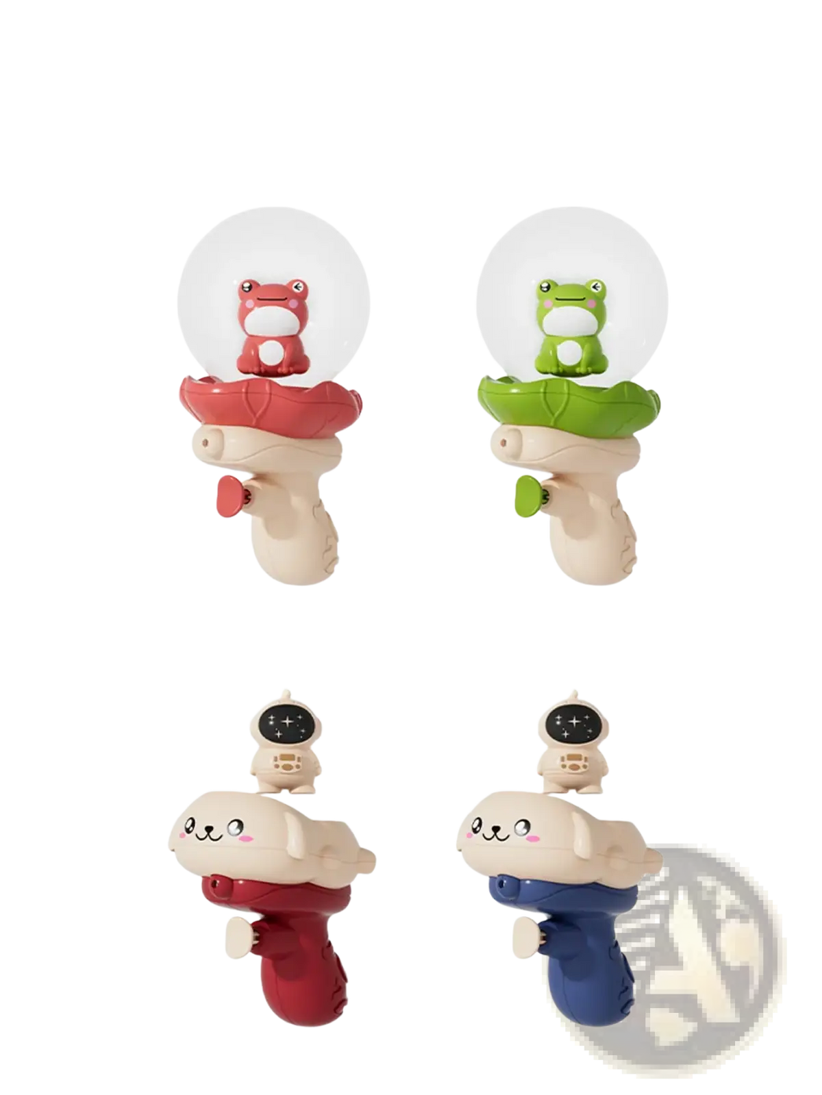 Colorful plastic elephant baby bath toy water sprayers featuring red and green frogs and a white dog design