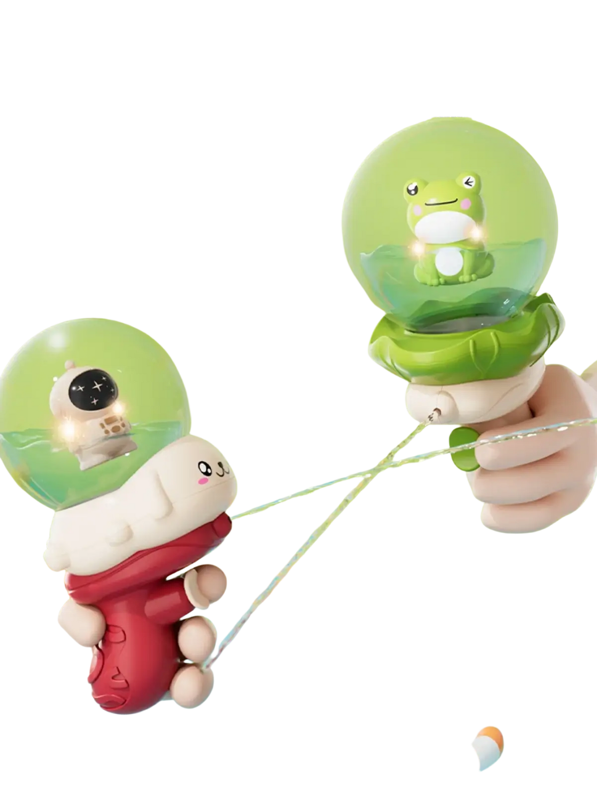 Elephant baby bath toy water sprayer featuring green and red cartoon water guns with transparent domes housing frog and astronaut figurines