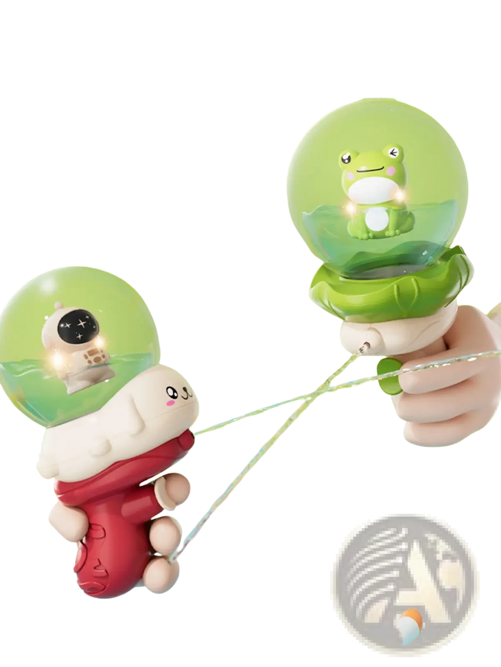 Elephant baby bath toy water sprayer featuring green and red cartoon water guns with transparent domes housing frog and astronaut figurines