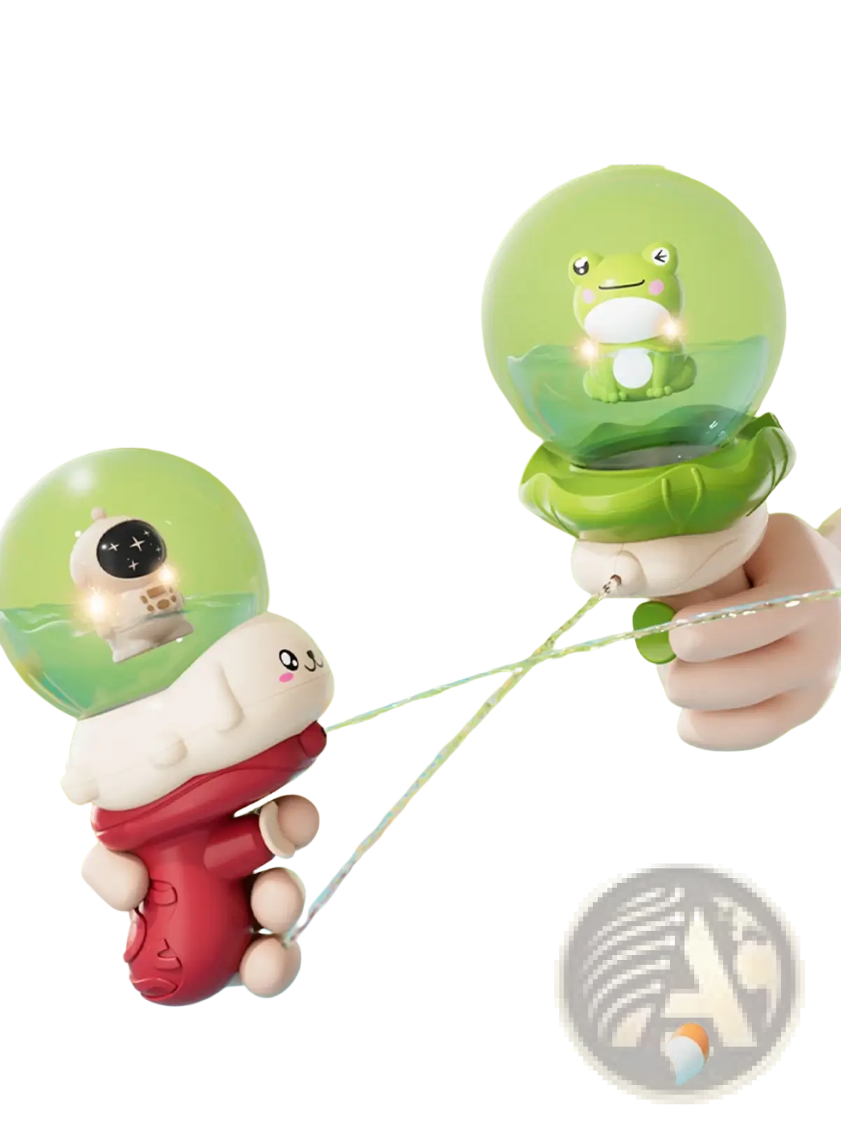 Elephant baby bath toy water sprayer featuring green and red cartoon water guns with transparent domes housing frog and astronaut figurines