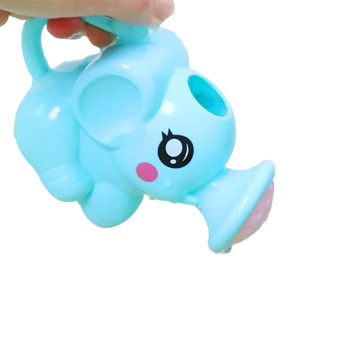Light blue plastic elephant-shaped baby bath toy water sprayer with black and pink facial features