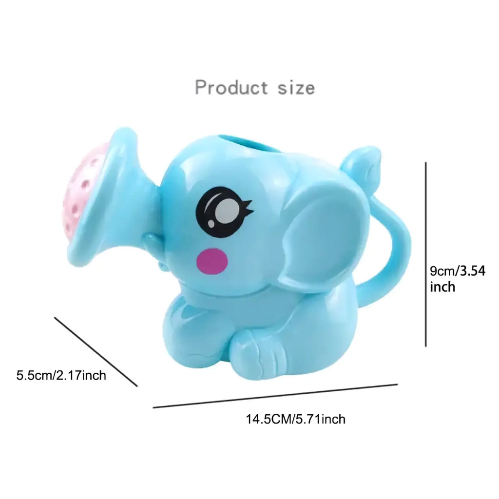 Elephant baby bath toy water sprayer in light blue plastic with pink polka-dotted watering spout and cheeks