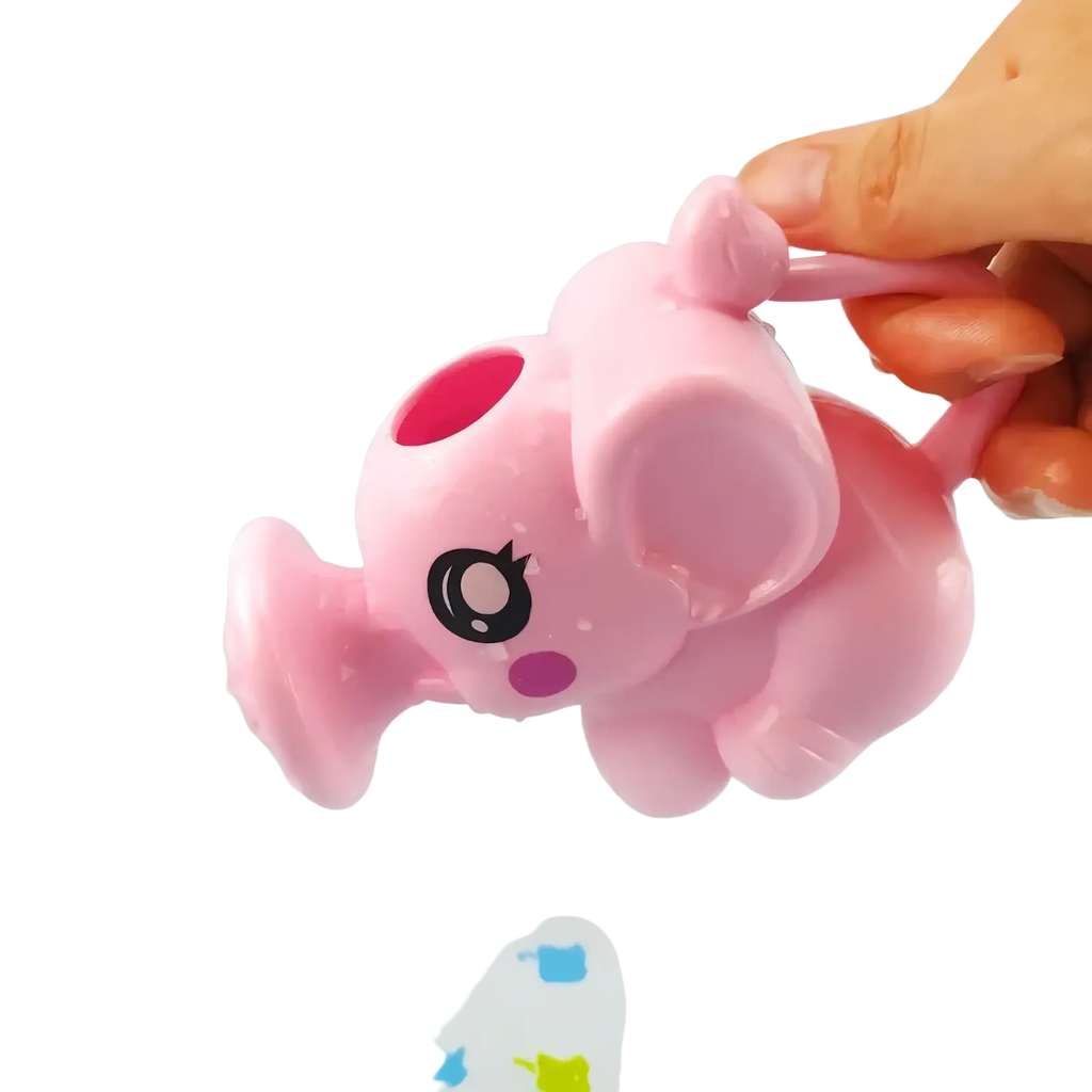 Elephant baby bath toy water sprayer in pink plastic with red spout and black and white eyes for bath play