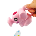 Elephant baby bath toy water sprayer in pink plastic with red spout and black and white eyes for bath play