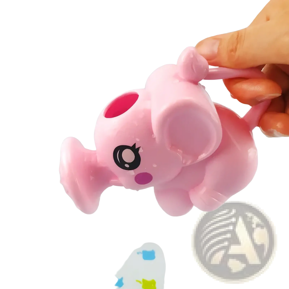 Elephant baby bath toy water sprayer in pink plastic with red spout and black and white eyes for bath play
