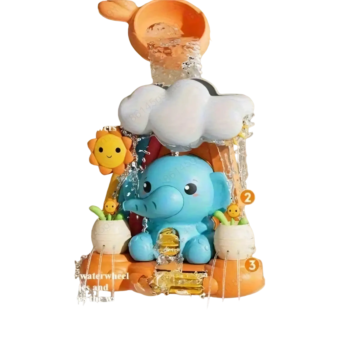 Blue elephant baby bath water wheel toy with cloud-shaped water spout and sunflower decorations for bath play