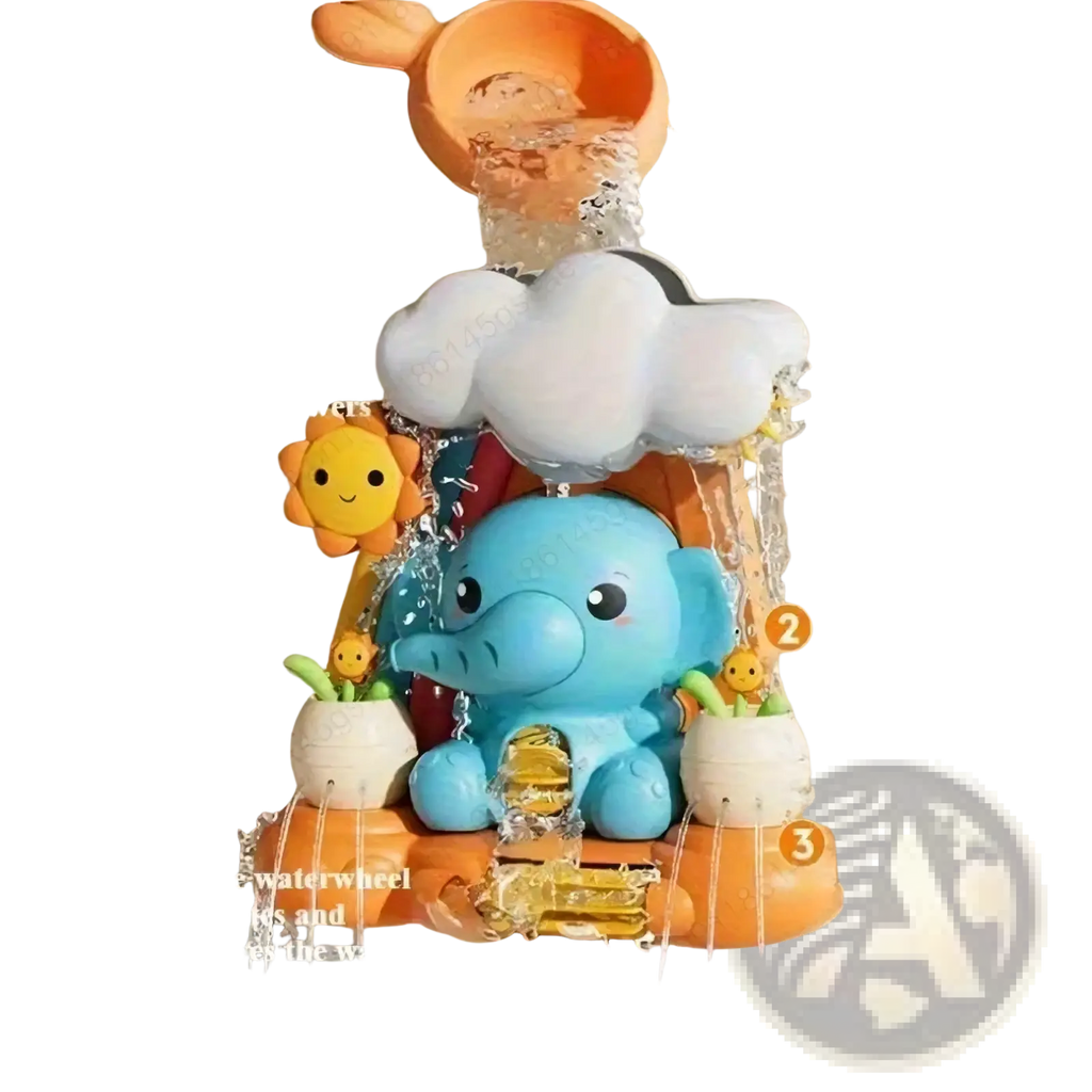 Blue elephant baby bath water wheel toy with cloud-shaped water spout and sunflower decorations for bath play