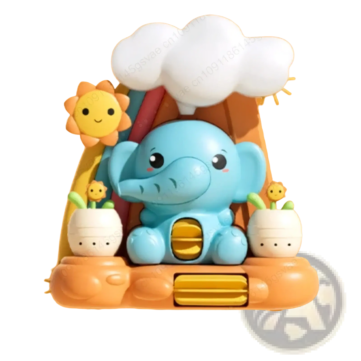 Blue plastic elephant baby bath water wheel toy with smiling sun cloud and potted plant accessories for bath time play