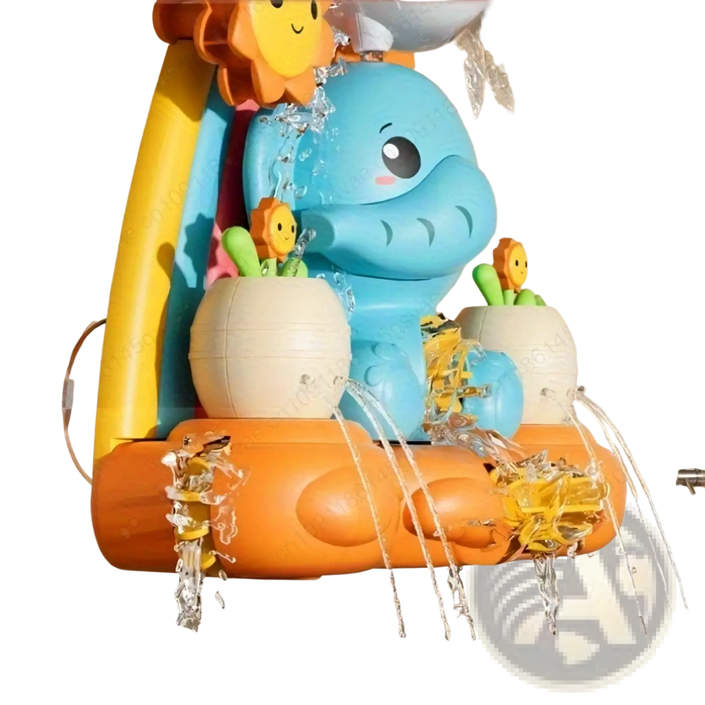 Blue plastic dolphin-shaped baby bath water wheel toy with yellow sunflower accents for infant water play
