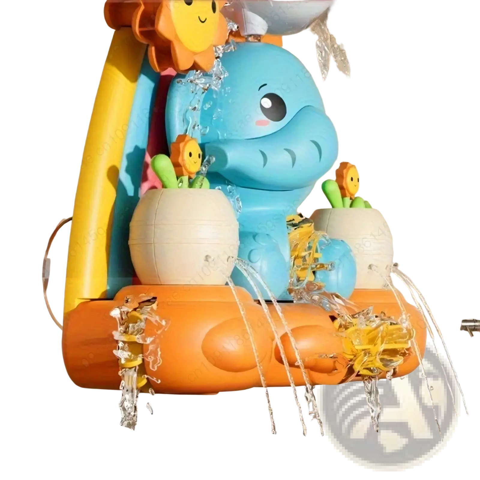 Blue plastic dolphin-shaped baby bath water wheel toy with yellow sunflower accents for infant water play