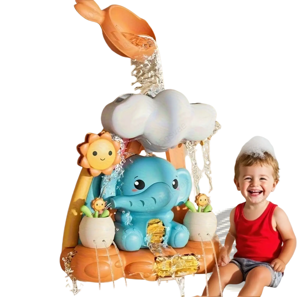 Blue elephant-shaped baby bath water wheel toy with orange sunflower accents and water features for bath play