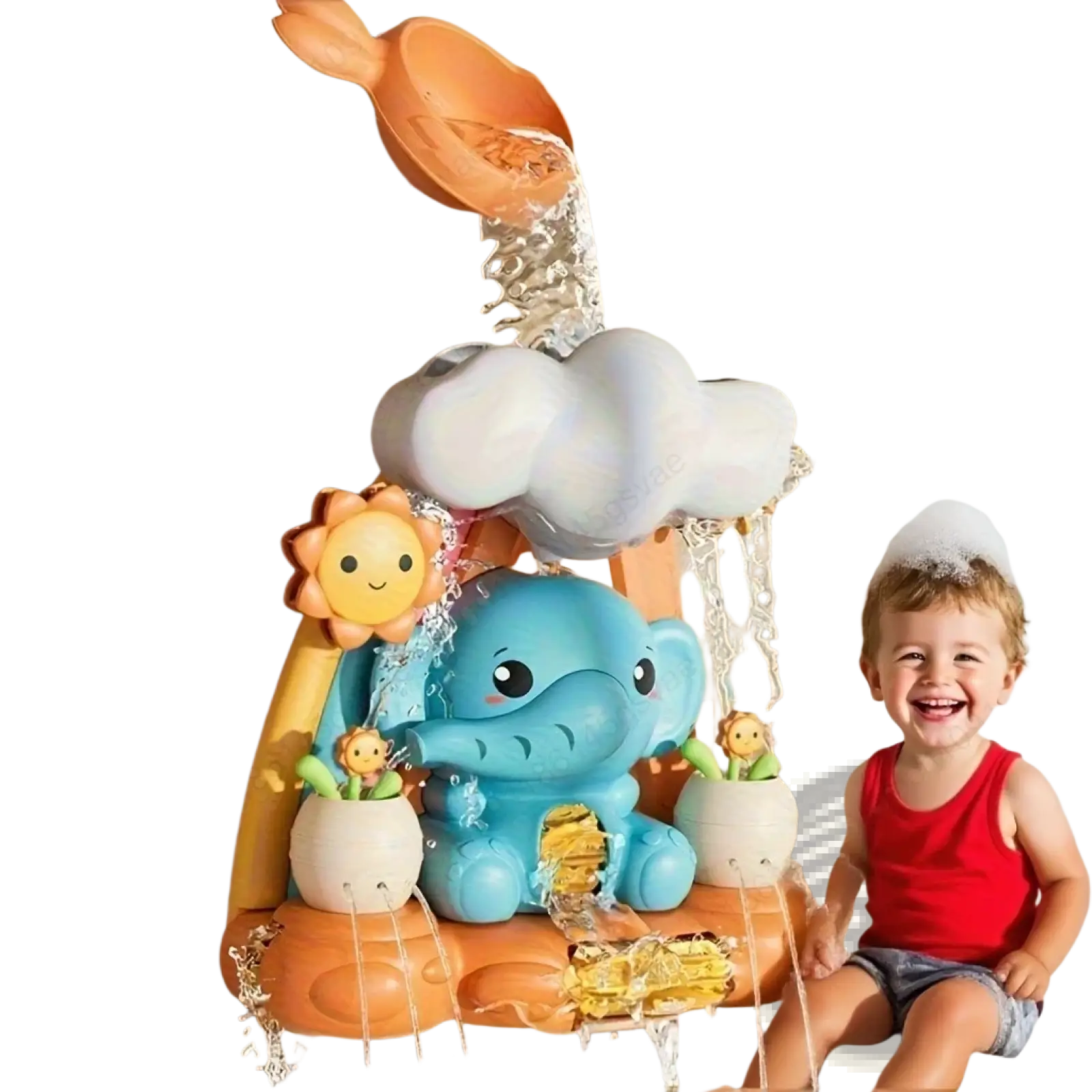 Blue elephant-shaped baby bath water wheel toy with orange sunflower accents and water features for bath play