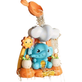 Blue elephant-shaped baby bath water wheel toy with orange white accents and cloud sun potted plant design
