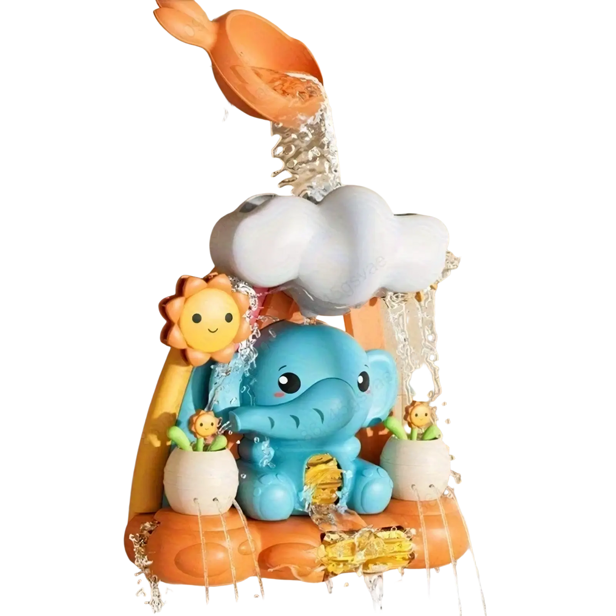 Blue elephant-shaped baby bath water wheel toy with orange white accents and cloud sun potted plant design