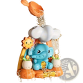 Blue elephant-shaped baby bath water wheel toy with orange white accents and cloud sun potted plant design