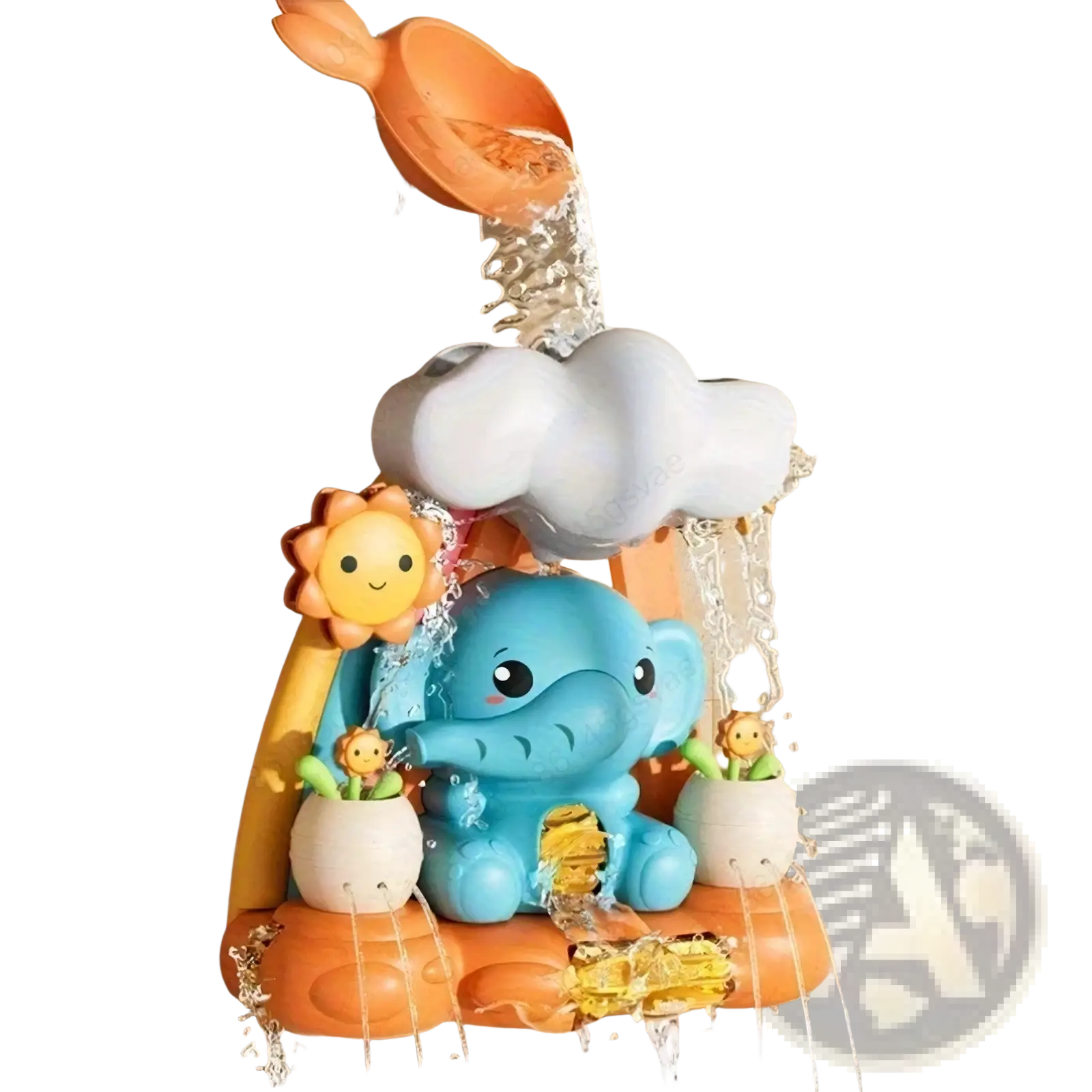 Blue elephant-shaped baby bath water wheel toy with orange white accents and cloud sun potted plant design