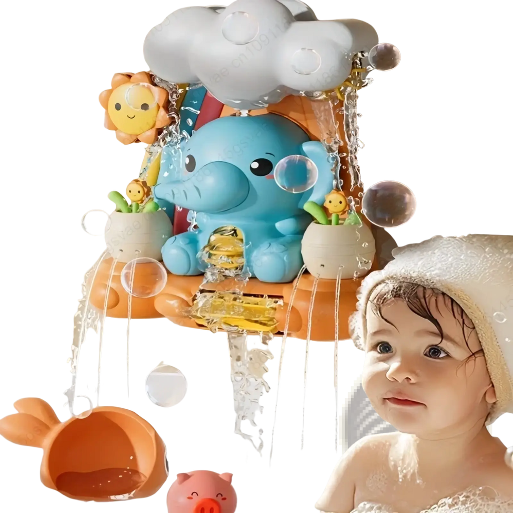 Blue elephant-shaped baby bath water wheel toy made of plastic with rainbow and cloud design for bath use