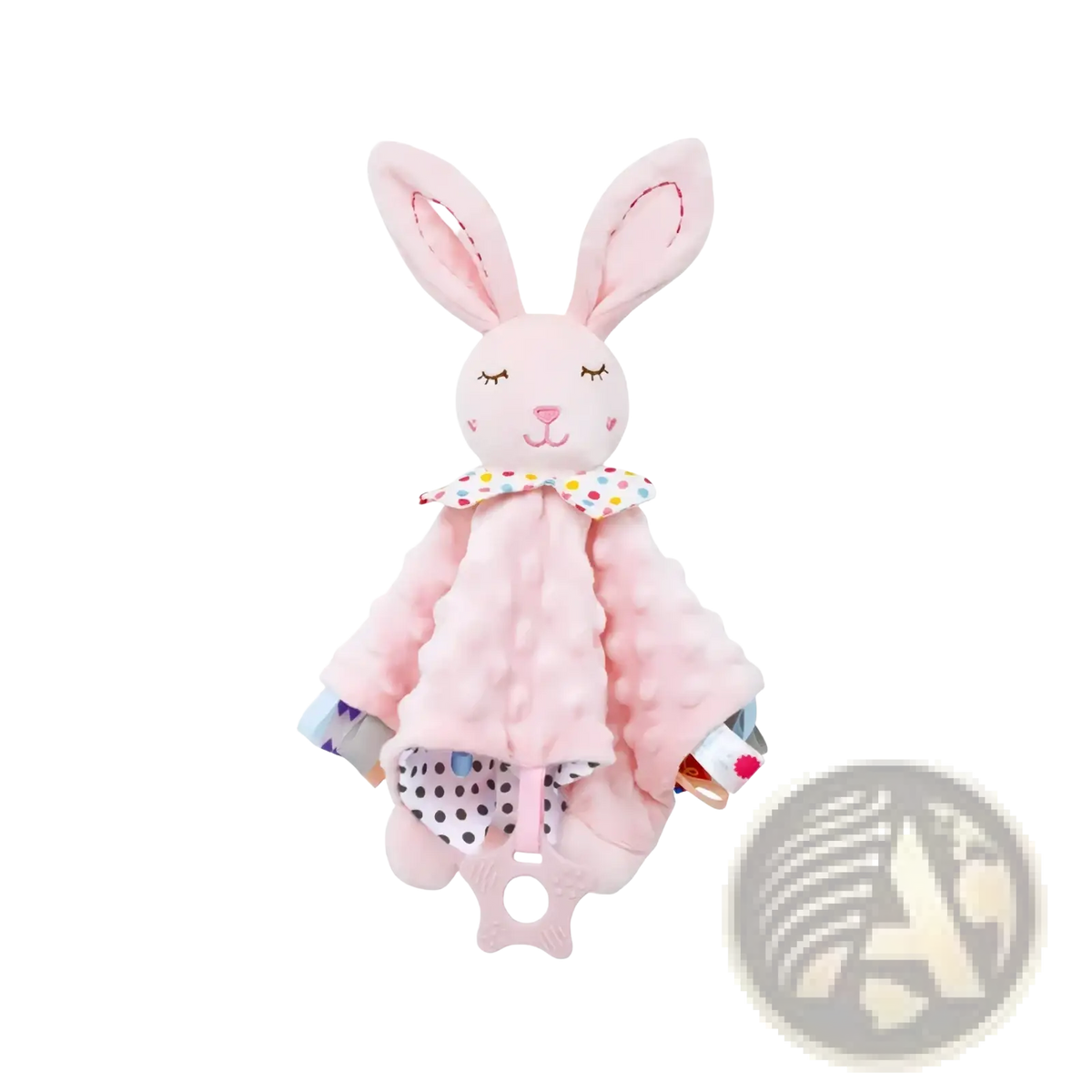 Elephant baby comforter blanket soft plush toy featuring a pink plush bunny with embroidered face and polka-dotted collar