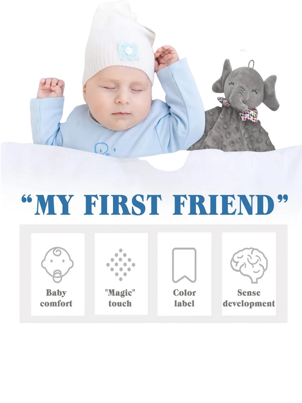 Gray elephant baby comforter blanket soft plush toy with textured surface and patterned bow tie accessory